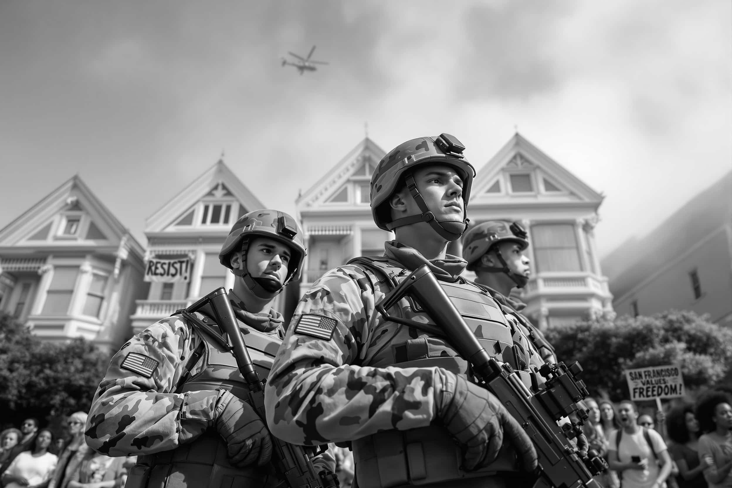 Three soldiers stand in the middle of a protest in San Francisco in front of the famous Painted Ladies row of Victorian houses. A protest sign reads 'San Francisco Values: Freedom!'. A hand-painted 'RESIST!' banner hangs out of a window.