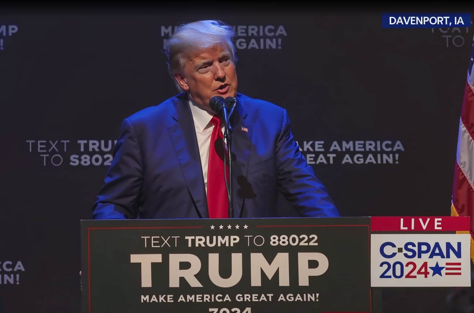 CSPAN footage of President Trump speaking at a campaign rally.