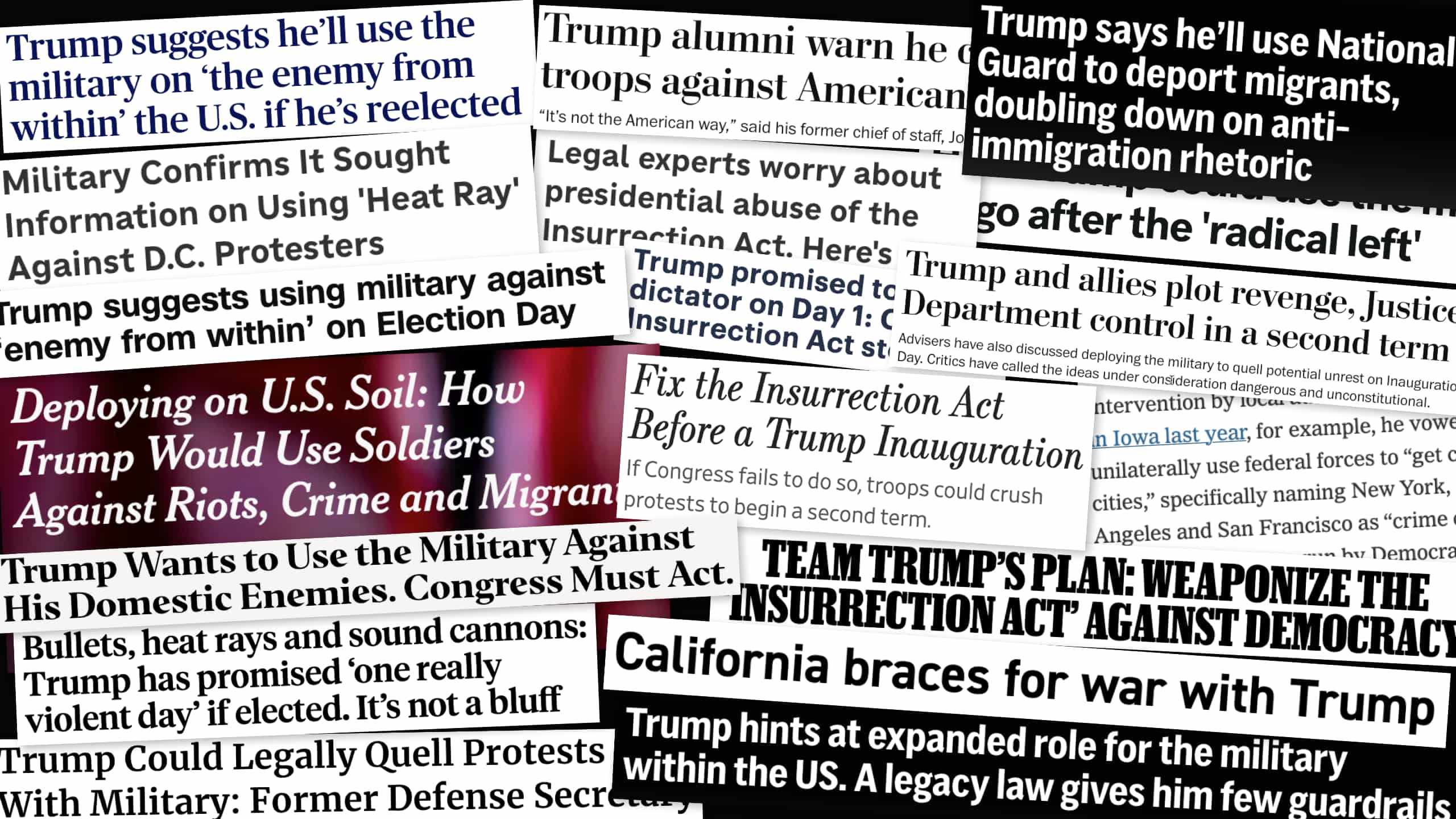 A collage of news headlines reporting on potential deployment of troops to American cities.