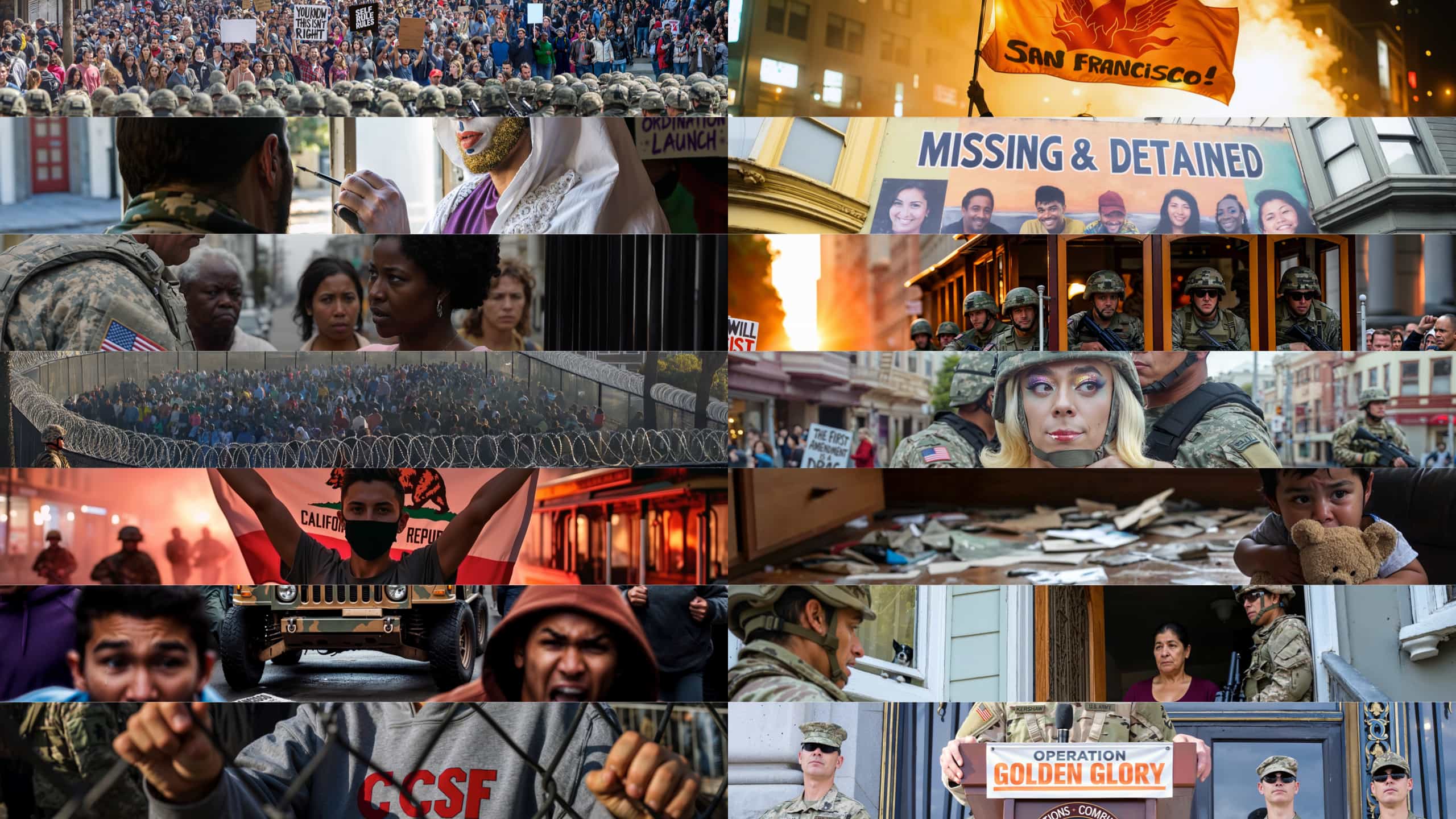 A collage of scenes of occupation and resistance across San Francisco following the arrival of troops.