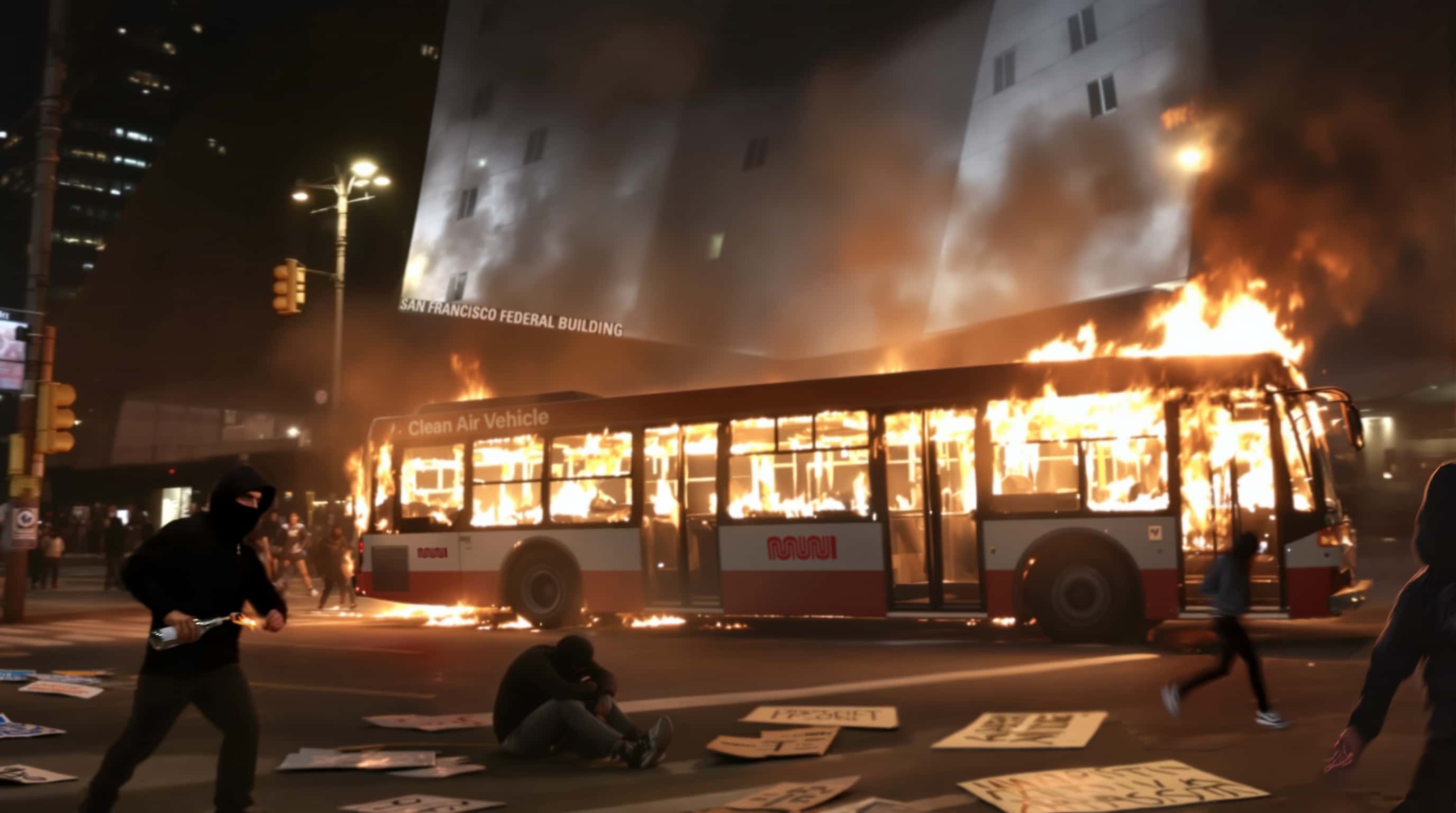 A MUNI bus engulfed in flames outside the San Francisco Federal Building.