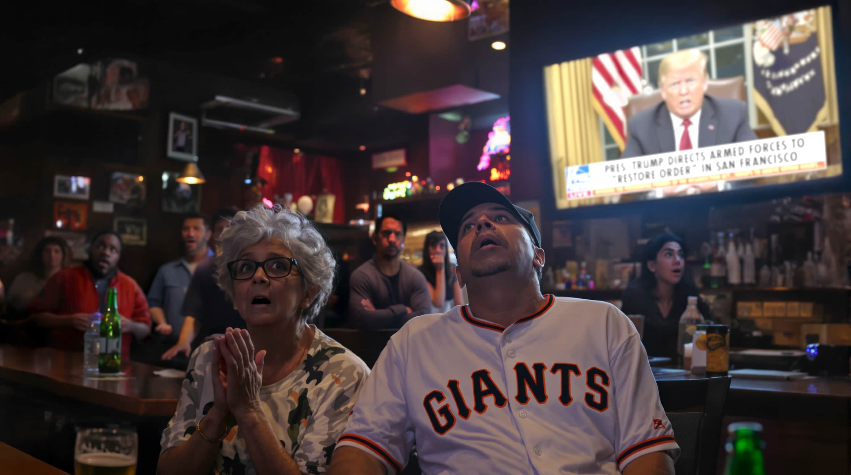 Shocked bar patrons watch President Trump's address to the nation announcing his order to send troops to San Francisco.