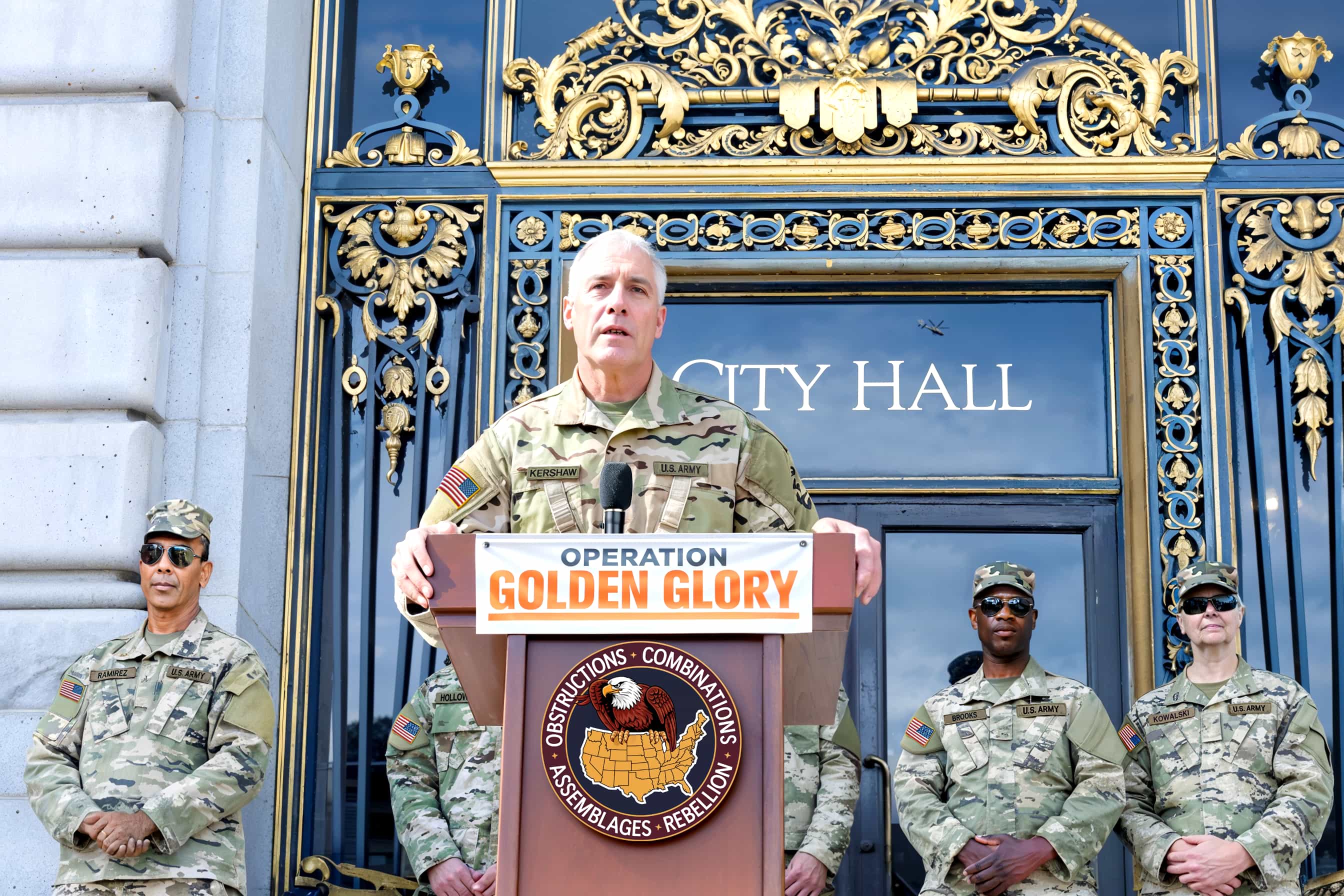 General Marc Kershaw announces Operation Golden Glory at San Francisco City Hall