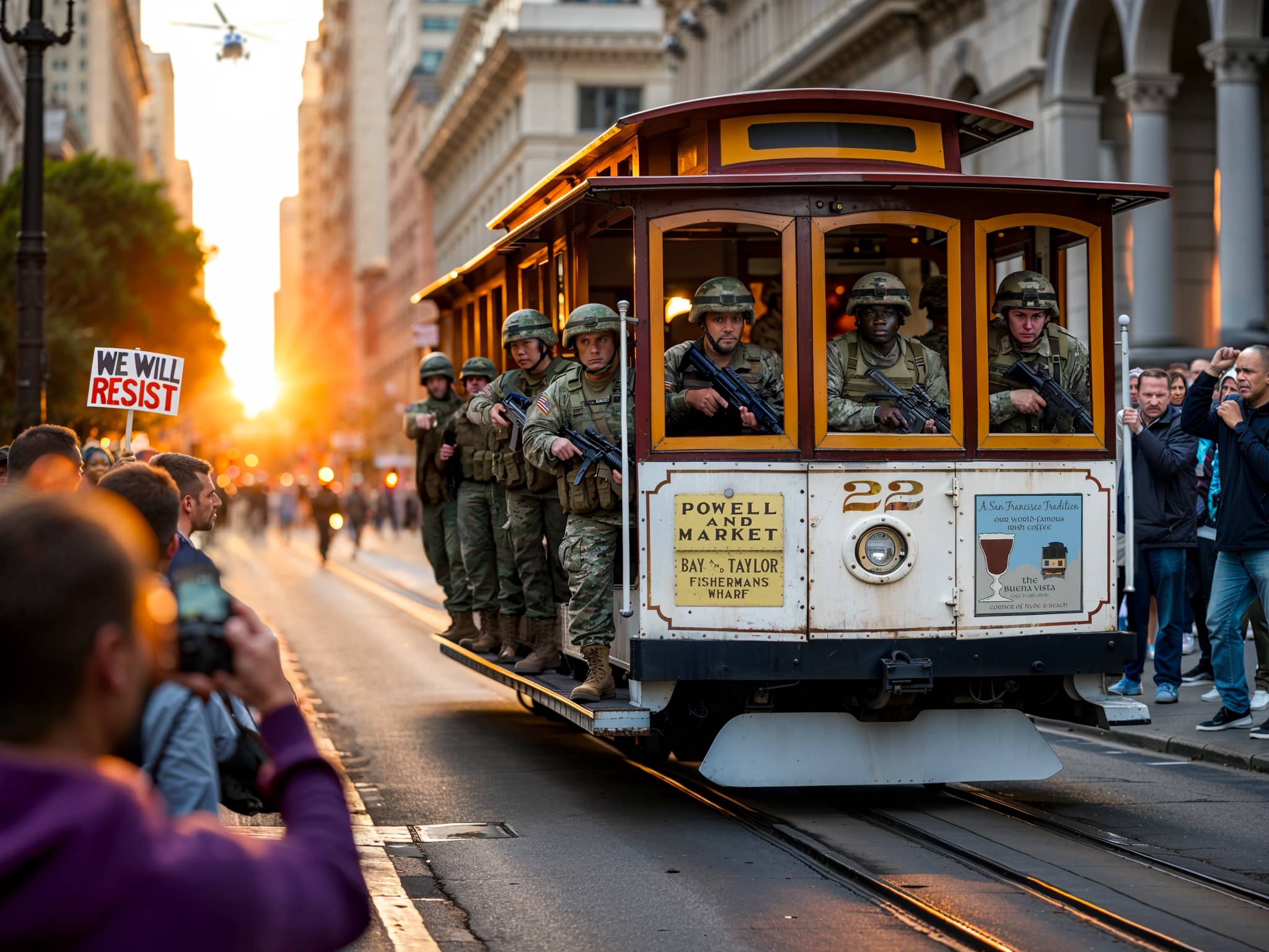 Military troops commandeering San Francisco cable car for transport