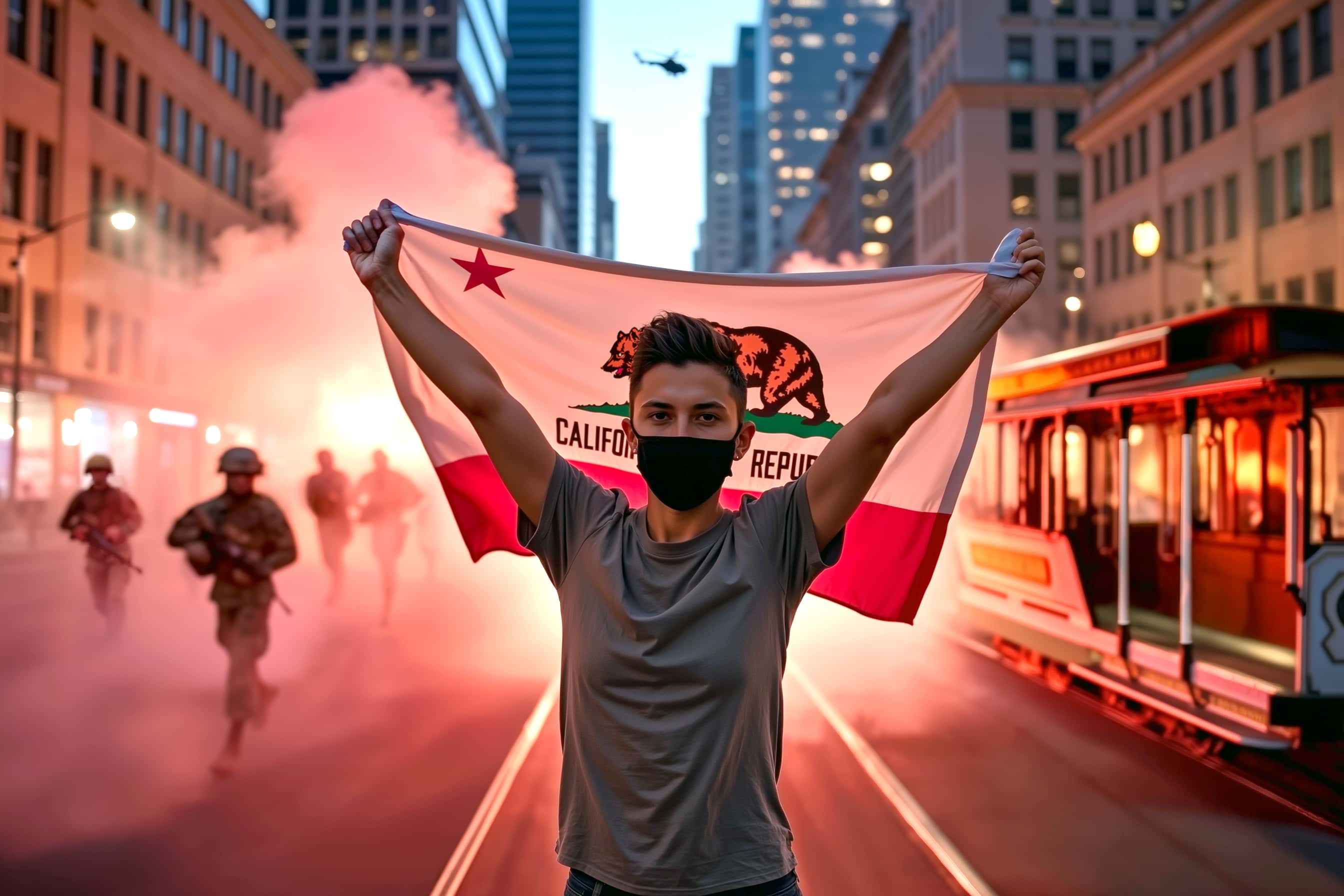 Protestor holds California flag amid smoke in downtown San Francisco