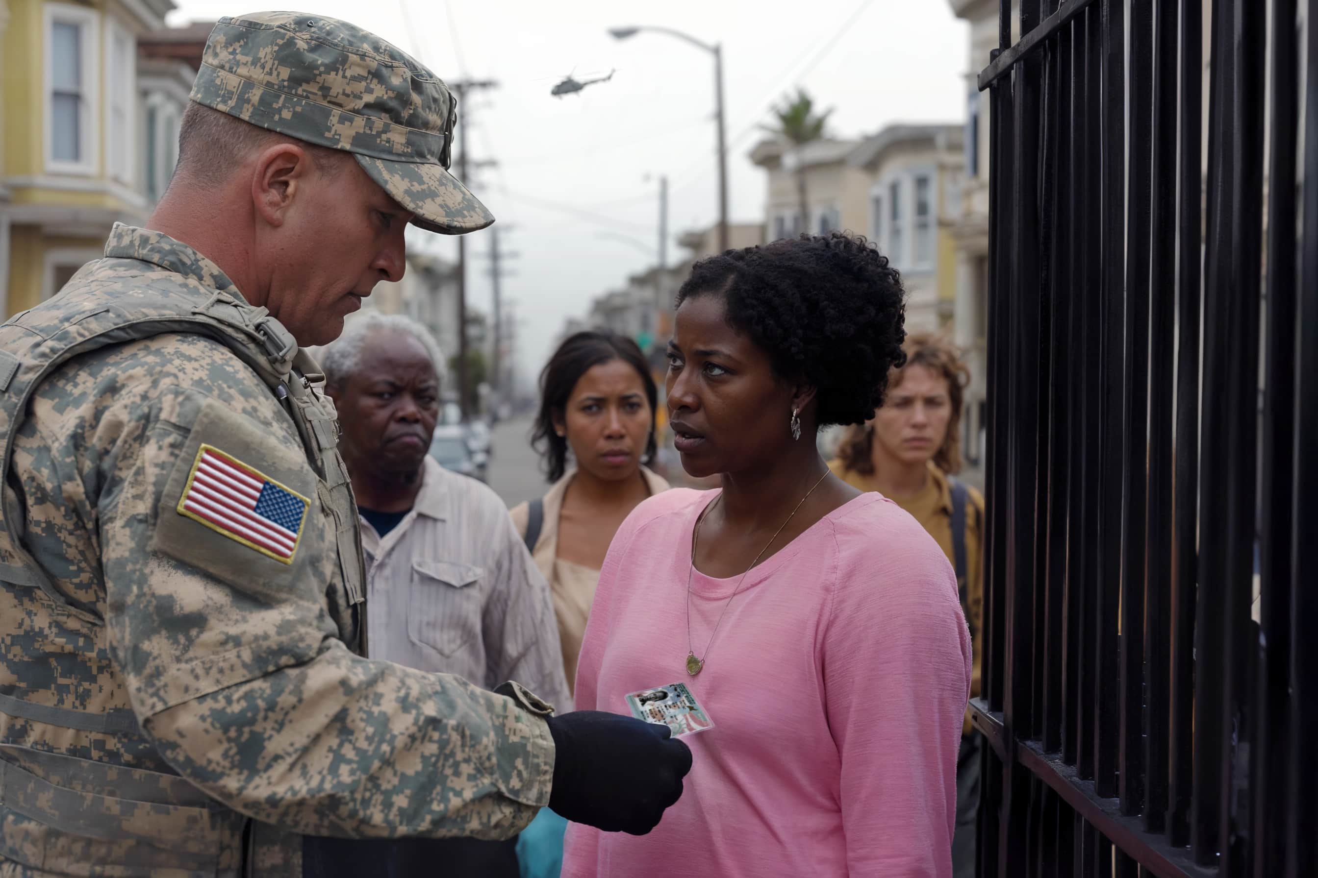 Soldier inspects green card at checkpoint in Richmond District