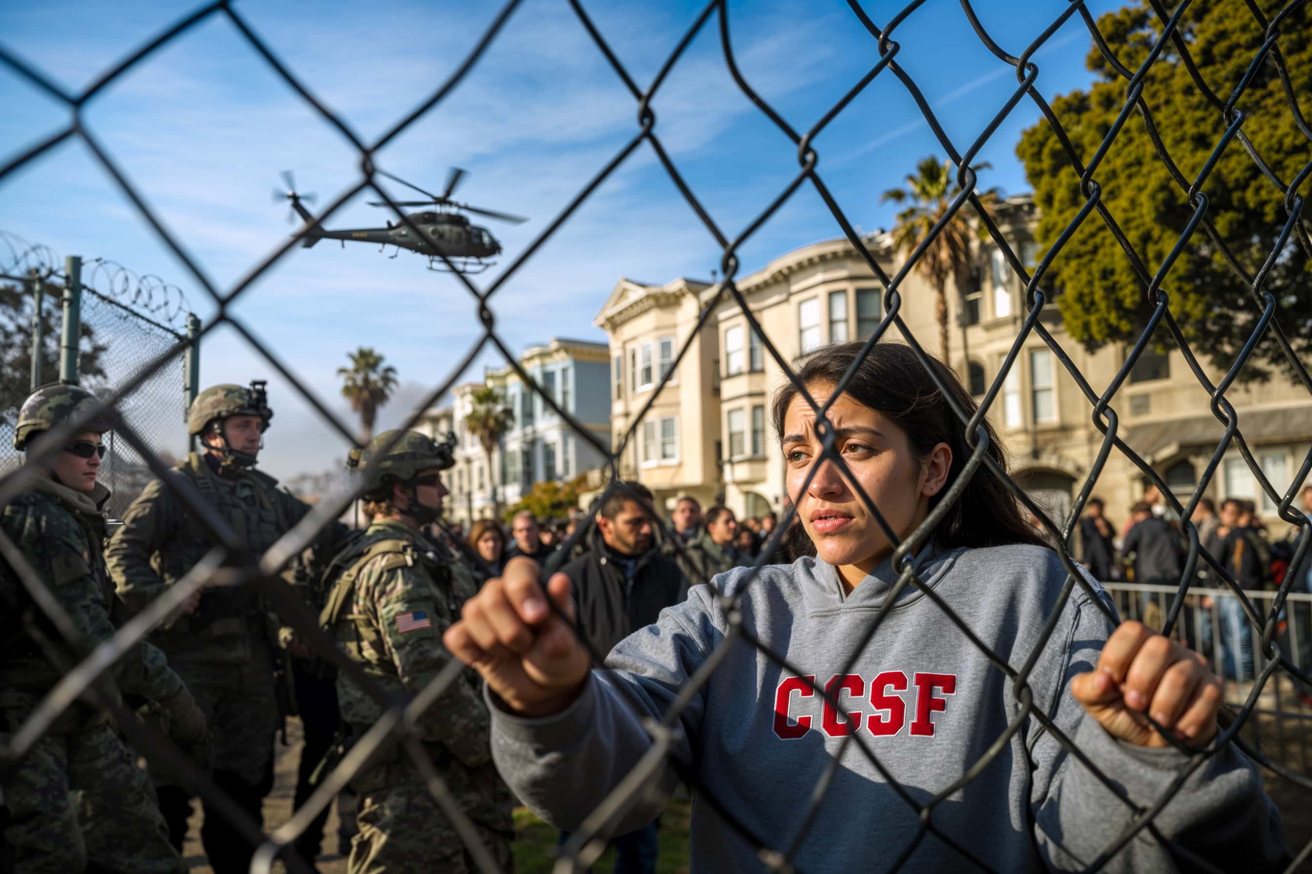 Young woman grips fence of detention camp in Duboce Park