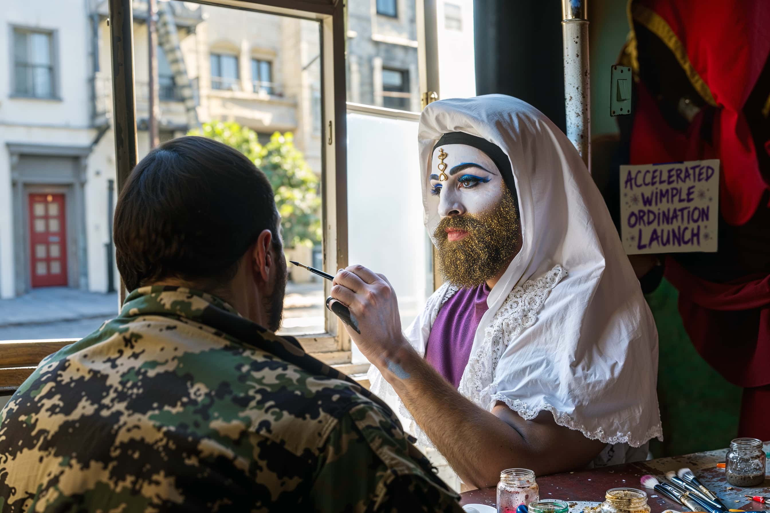 Sister of Perpetual Indulgence applies makeup to deserting soldier