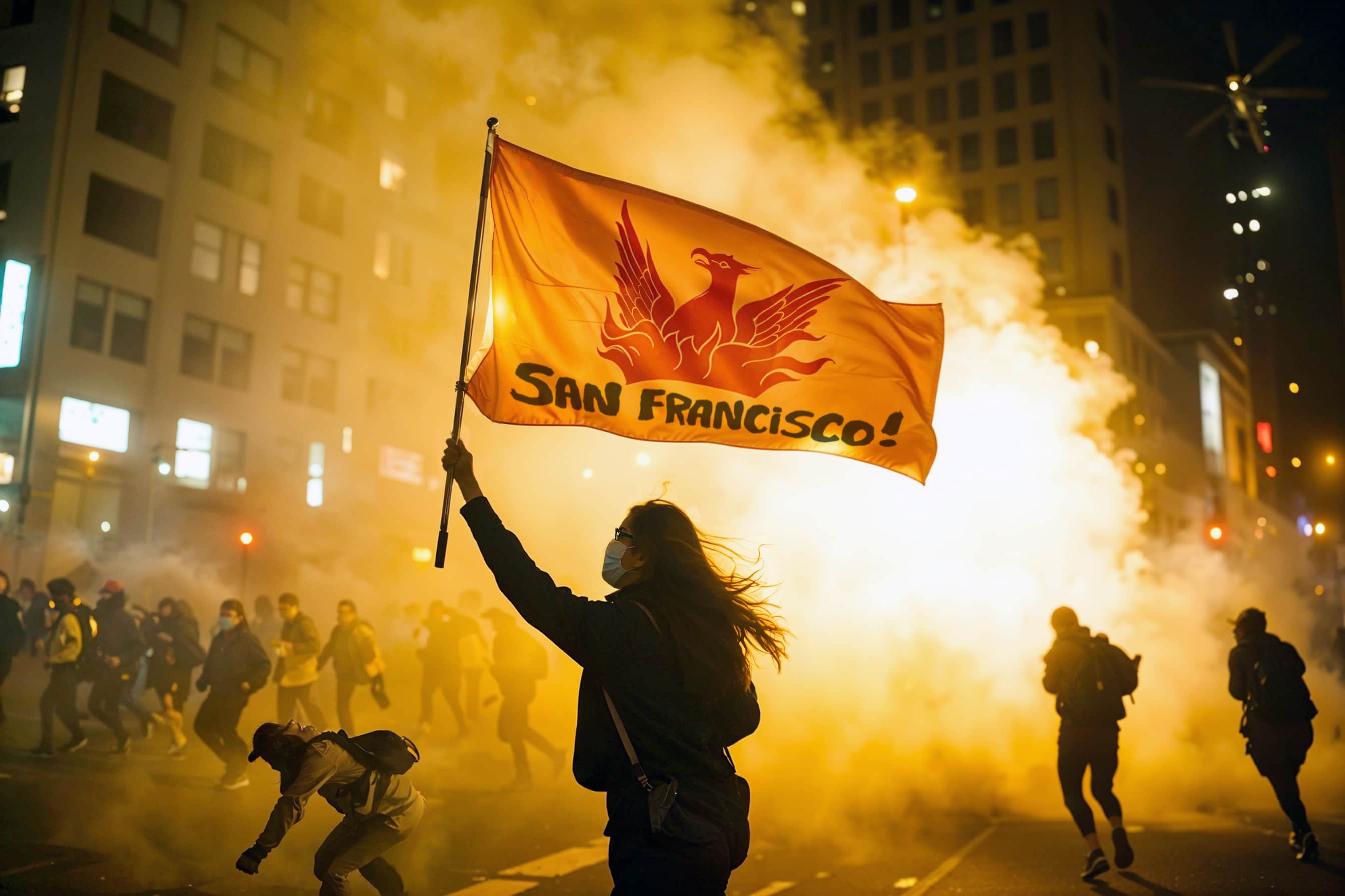 Protestor raises San Francisco flag through smoke and tear gas